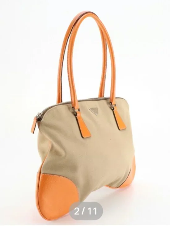 Prada Bauletto Vintage Shoulder Bag Beige Jacquard Canvas Orange Leather - Picture 2 of 9